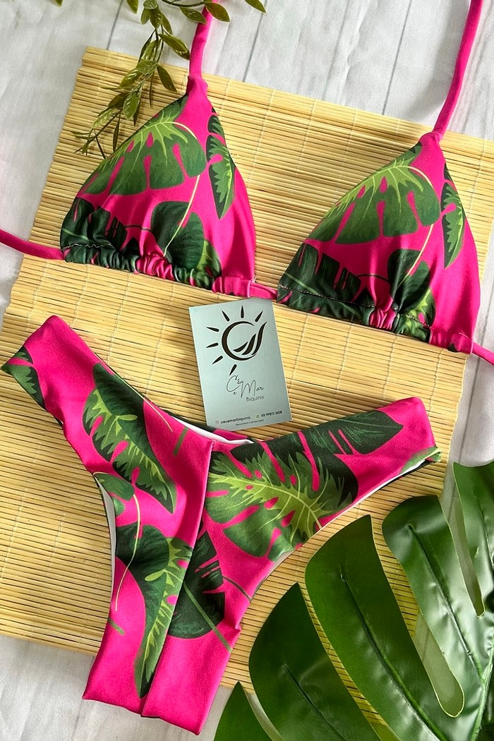 Biquíni Cortininha e Asa Delta Pink Folhas