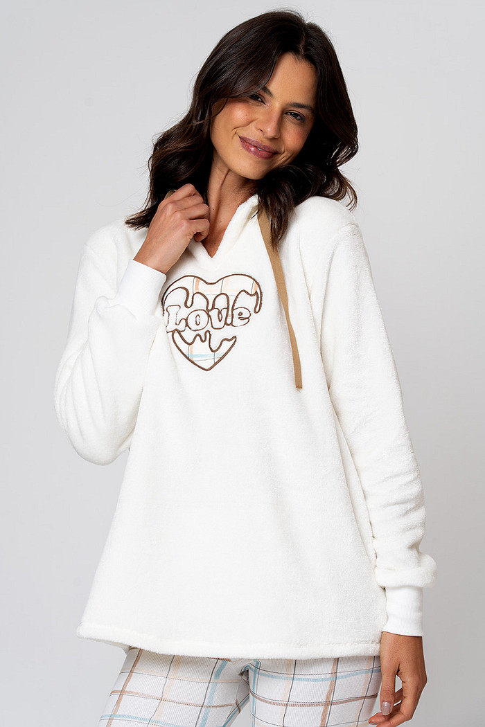 PIJAMA FEMININO LONGO EM FLEECE E RIBANA