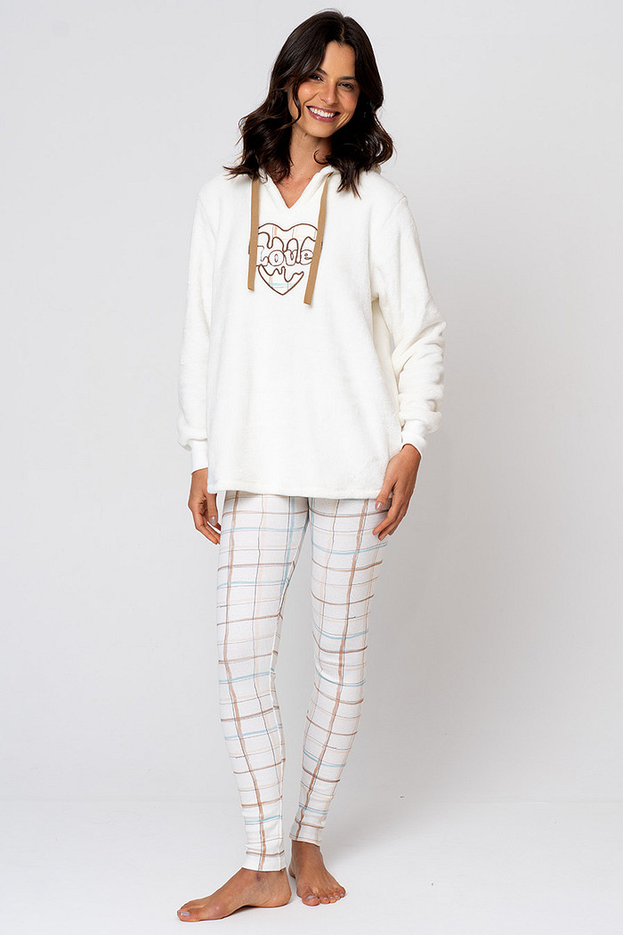 PIJAMA FEMININO LONGO EM FLEECE E RIBANA