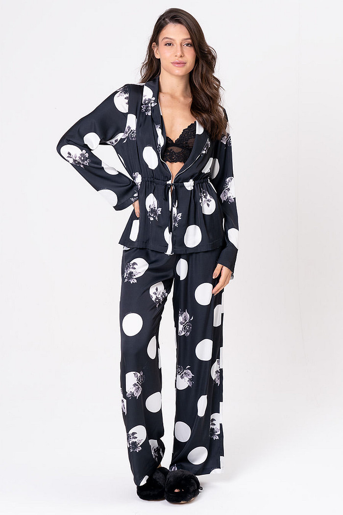 PIJAMA  ACETINADO LONGO COM AMARRAÇÃO - LUAR