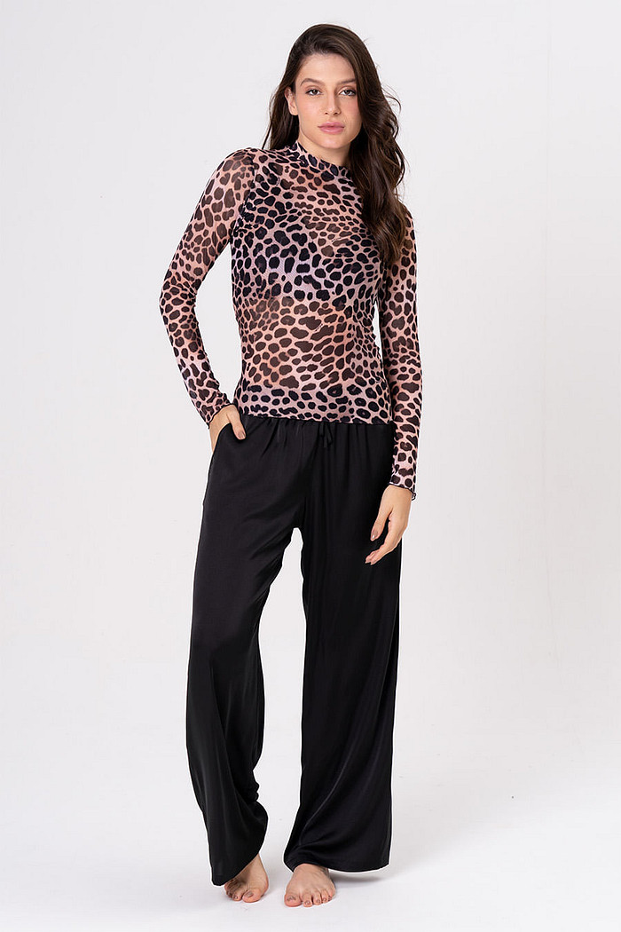 PIJAMA DE TULE COM CALÇA ACETINADA - FELINE
