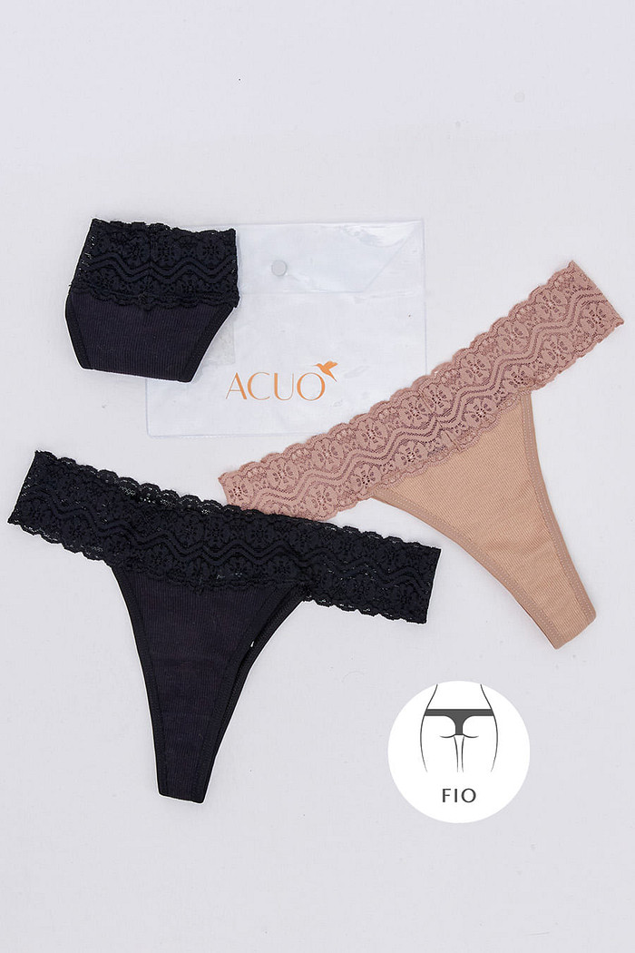 KIT CALCINHAS PRETO E BEGE ALGODÃO FIO - ETERNO LINGERIE