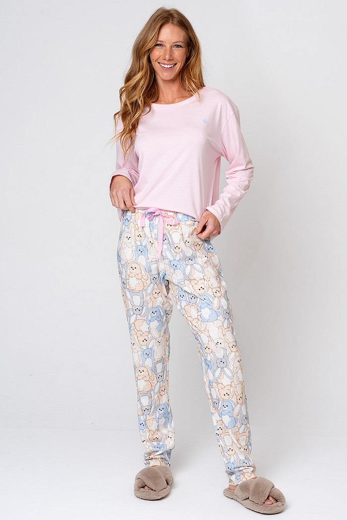PIJAMA FEMININO LONGO COELHOS ALGODÃO
