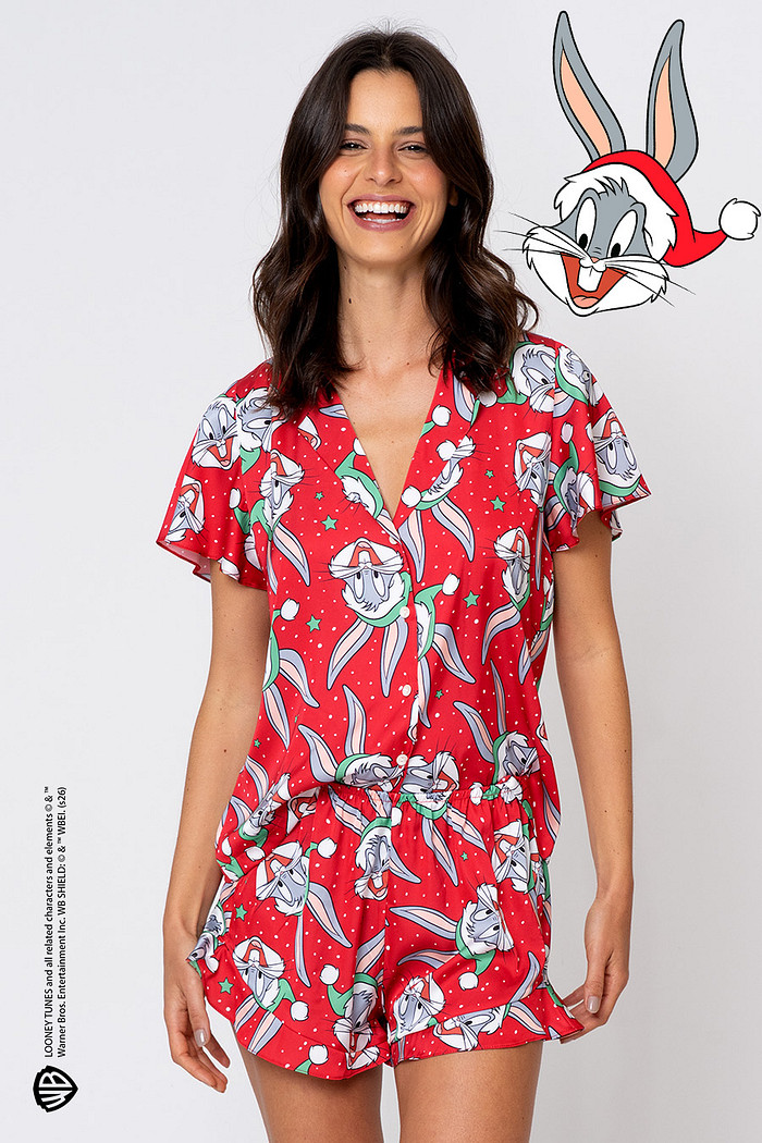 PIJAMA CURTO TOQUE DE SEDA FEMININO - NATAL PERNALONGA