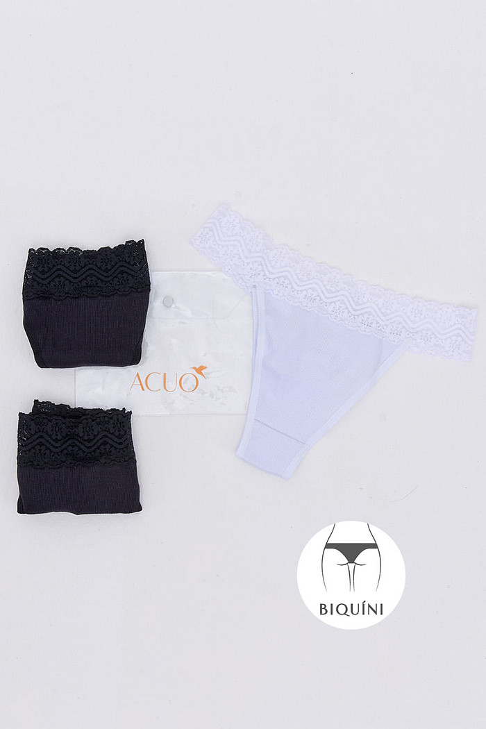 KIT CALCINHAS BÍQUINI ALGODÃO PRETO E BRANCO - ETERNO LINGERIE