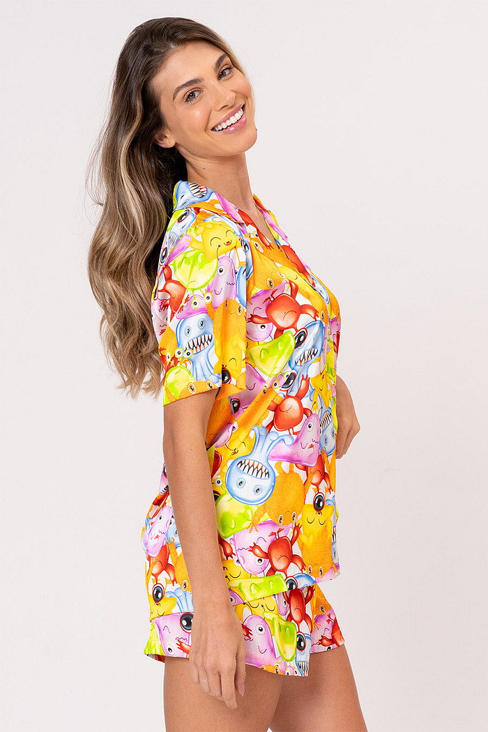 PIJAMA AMERICANO ACETINADO CURTO - GELEIA DE MONSTROS