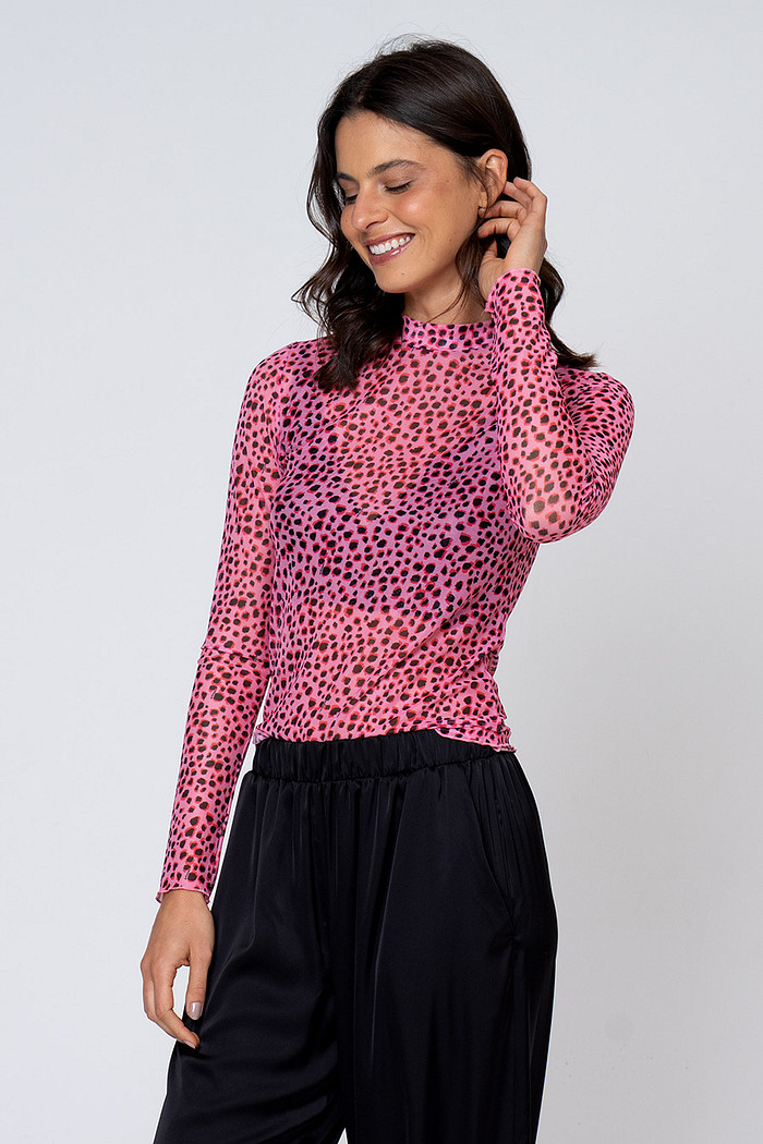 BLUSA MANGA LONGA ANIMAL PRINT EM TULE - DOCE FELINA