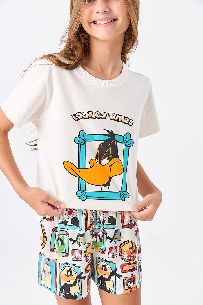 PIJAMA CURTO ALGODÃO E SHORT ACETINADO JUVENIL - LOONEY TUNES SHOW