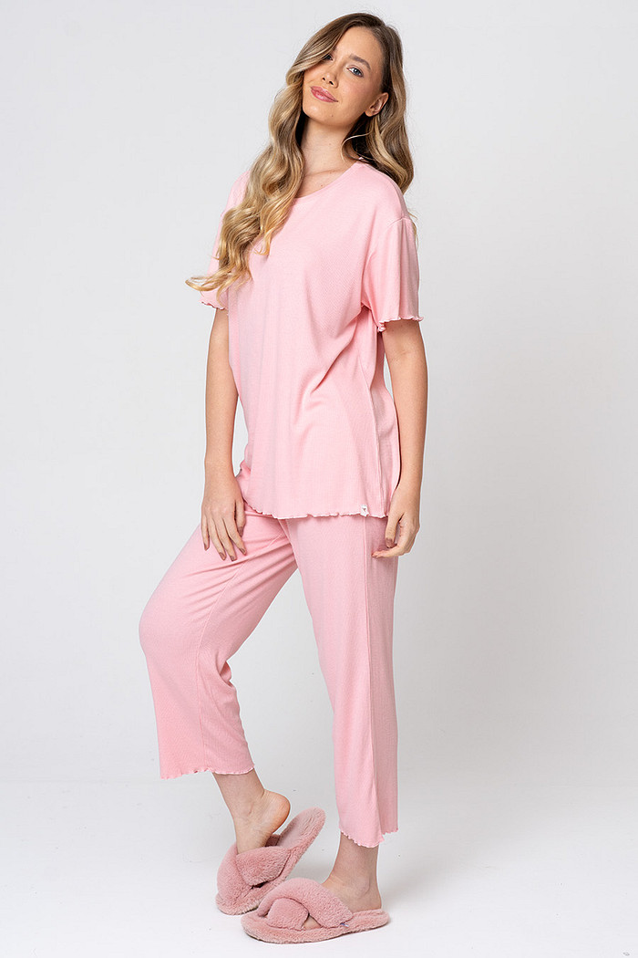 PIJAMA MANGA CURTA FEMININO EM RIBANA DE VISCOSE - CLÁSSICO VISCOSE PINK GLOSS