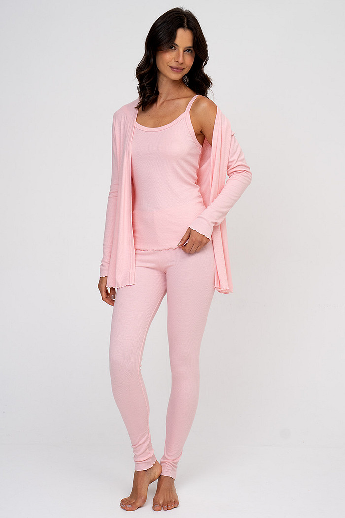 PIJAMA LONGO 3 PEÇAS EM RIBANA DE VISCOSE - CLÁSSICO VISCOSE PINK GLOSS