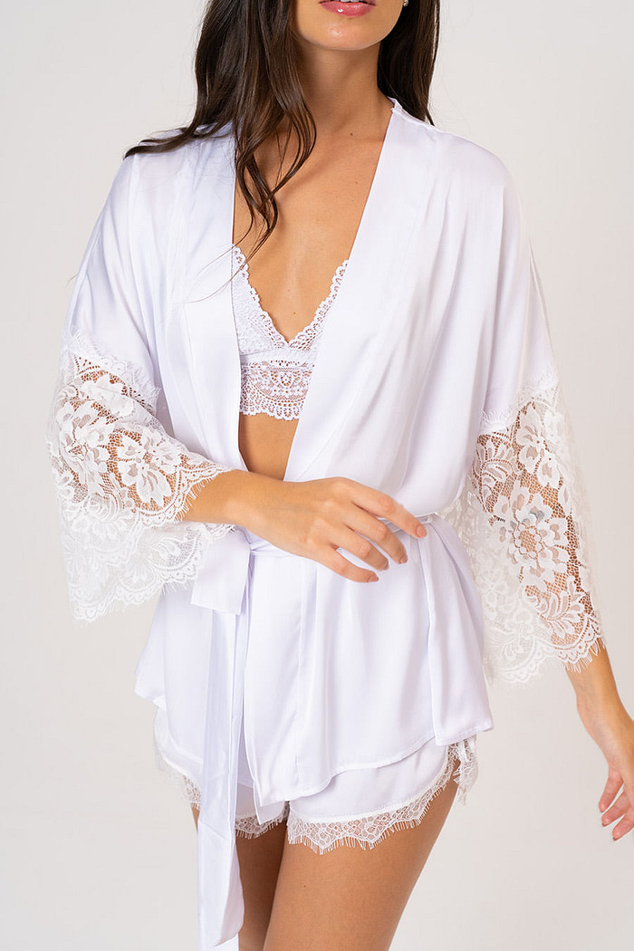 PIJAMA KIMONO BRANCO COM RENDA TOQUE DE SEDA - ETERNO FEMININO