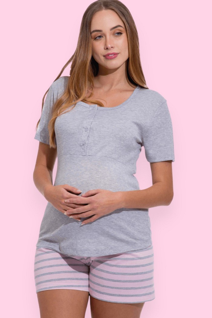 Pijama Feminino Lua Chic Verão Gestante Mescla Listrado Rosa
