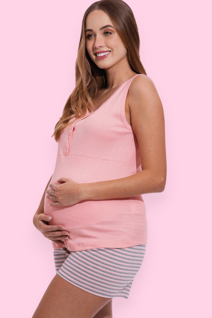 Pijama Feminino Lua Chic Verão Gestante Amamentação Listrado Salmão