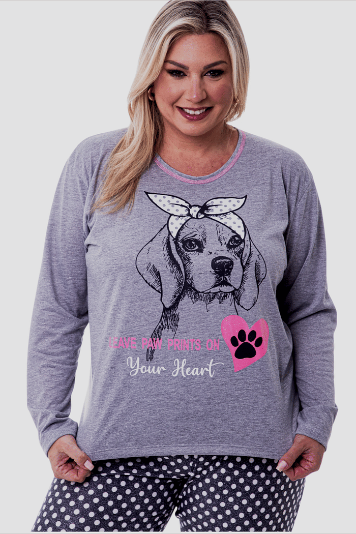 Pijama Plus Size Lua Chic Inverno Dog Laço Calça Poá Preta