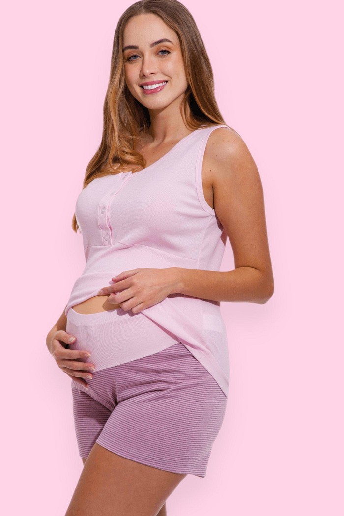Pijama Feminino Lua Chic Gestante Rosa Listrado
