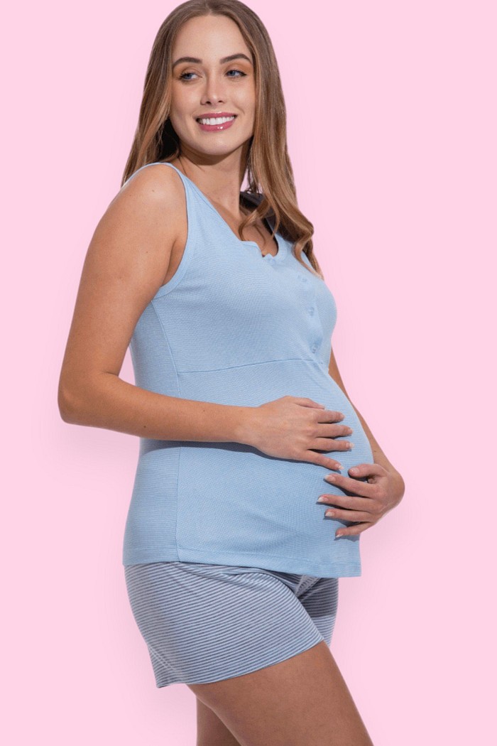 Pijama Feminino Lua Chic Verão Gestante Azul Claro Listrado