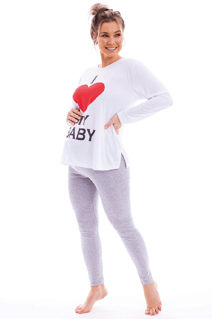 Pijama Feminino Lua Chic Gestante I Love My Baby Calça Mescla