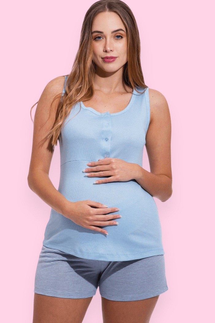 Pijama Feminino Lua Chic Verão Gestante Azul Claro Listrado