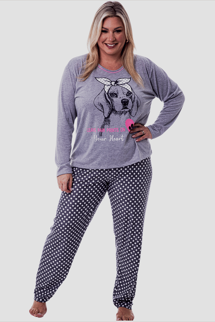 Pijama Plus Size Lua Chic Inverno Dog Laço Calça Poá Preta