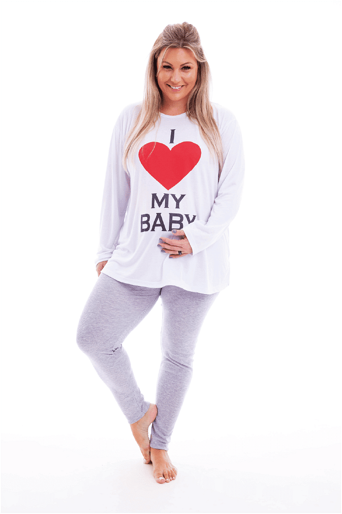 Pijama Feminino Lua Chic Plus Size Gestante I Love My Baby Calça Mescla