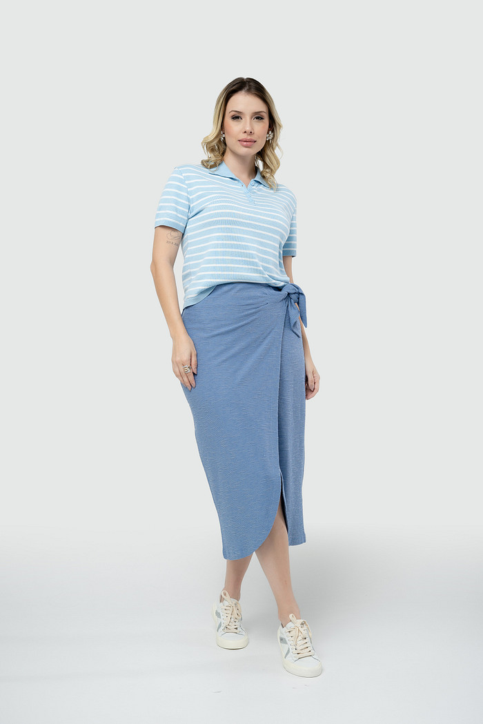 Blusa Polo Listra Tricot com Manga - Azul