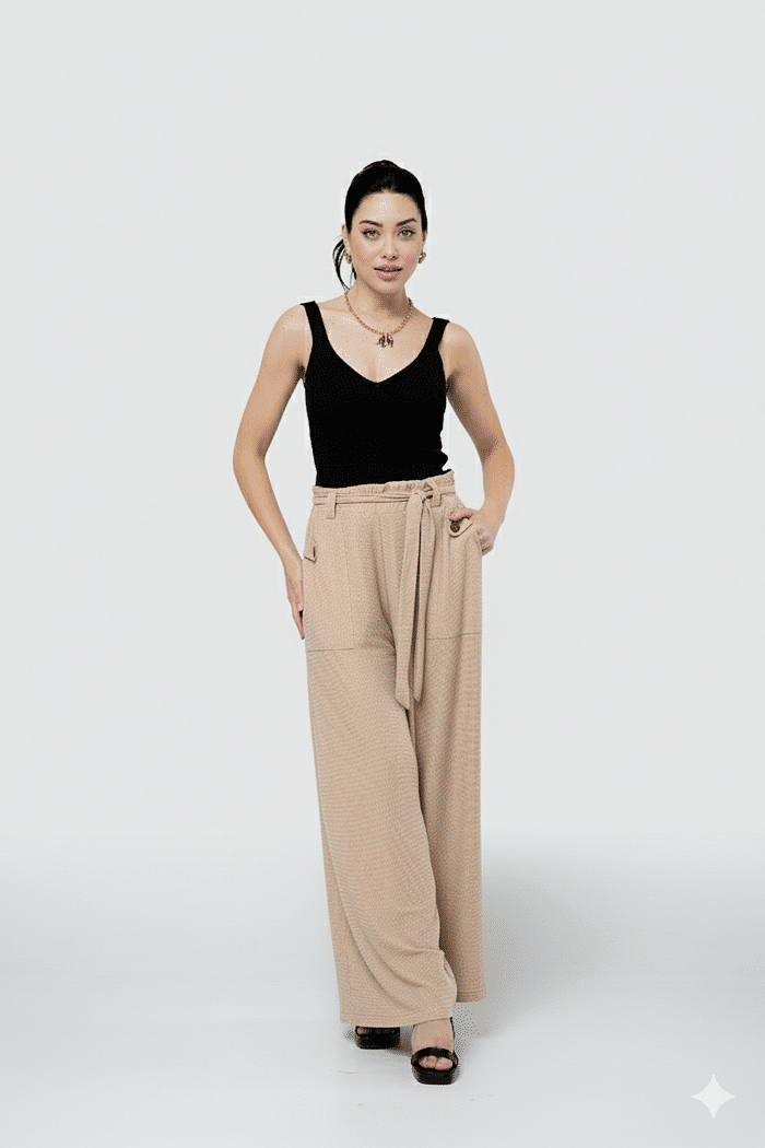 Calça Pantalona com Faixa - Bege