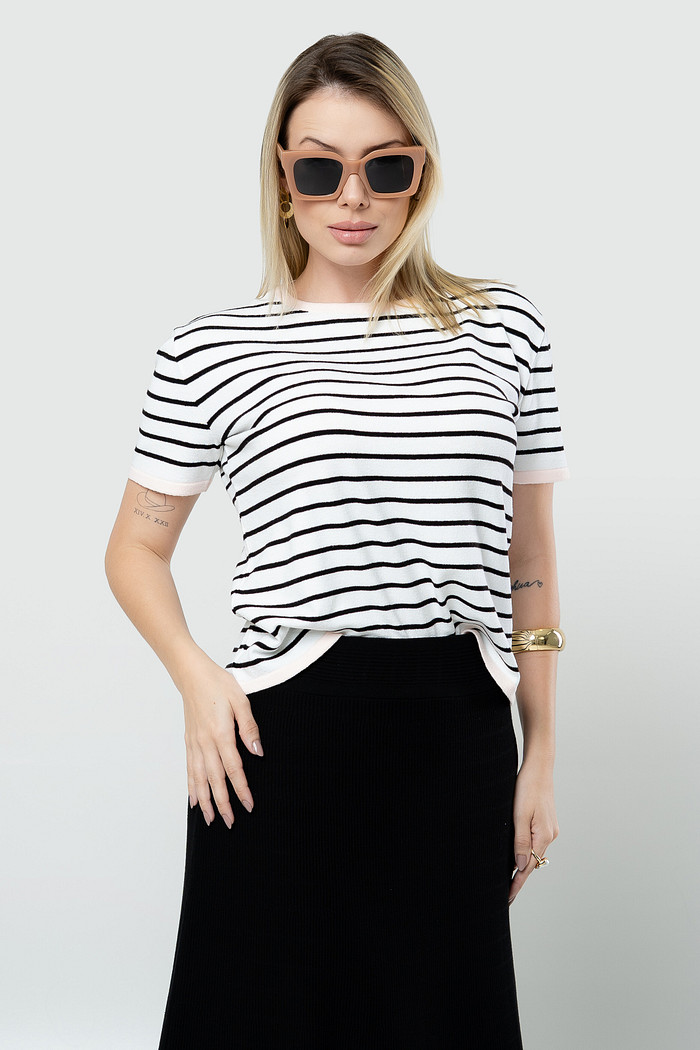Blusa Listra Tricot Gola Redonda com Manga - Branca