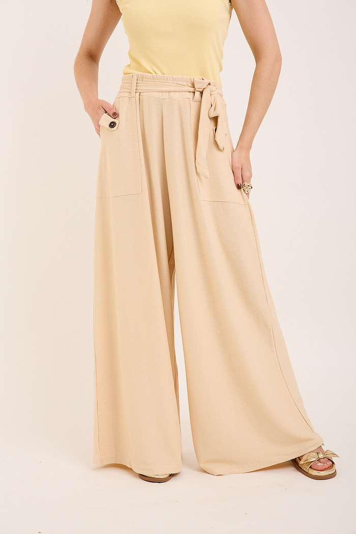 Calça Pantalona com Faixa - Bege