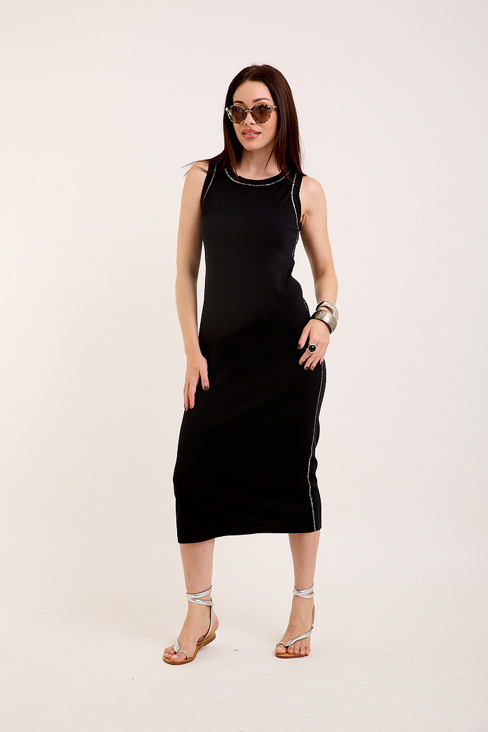 Vestido Midi Regata Canelado com Costura Prateada - Preto