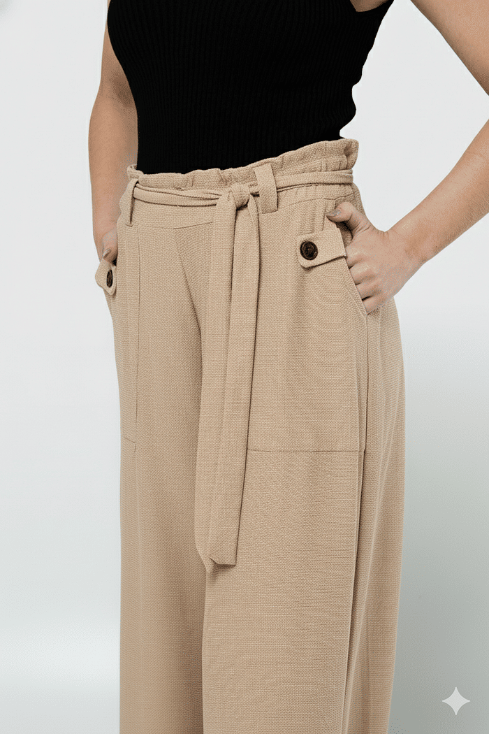 Calça Pantalona com Faixa - Bege