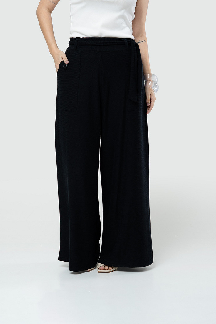 Calça Pantalona com Faixa - Preta
