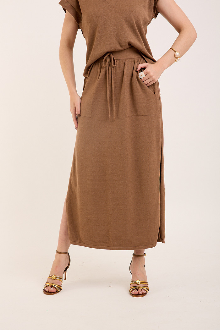 Saia Midi com Bolso Tricot Chocolate