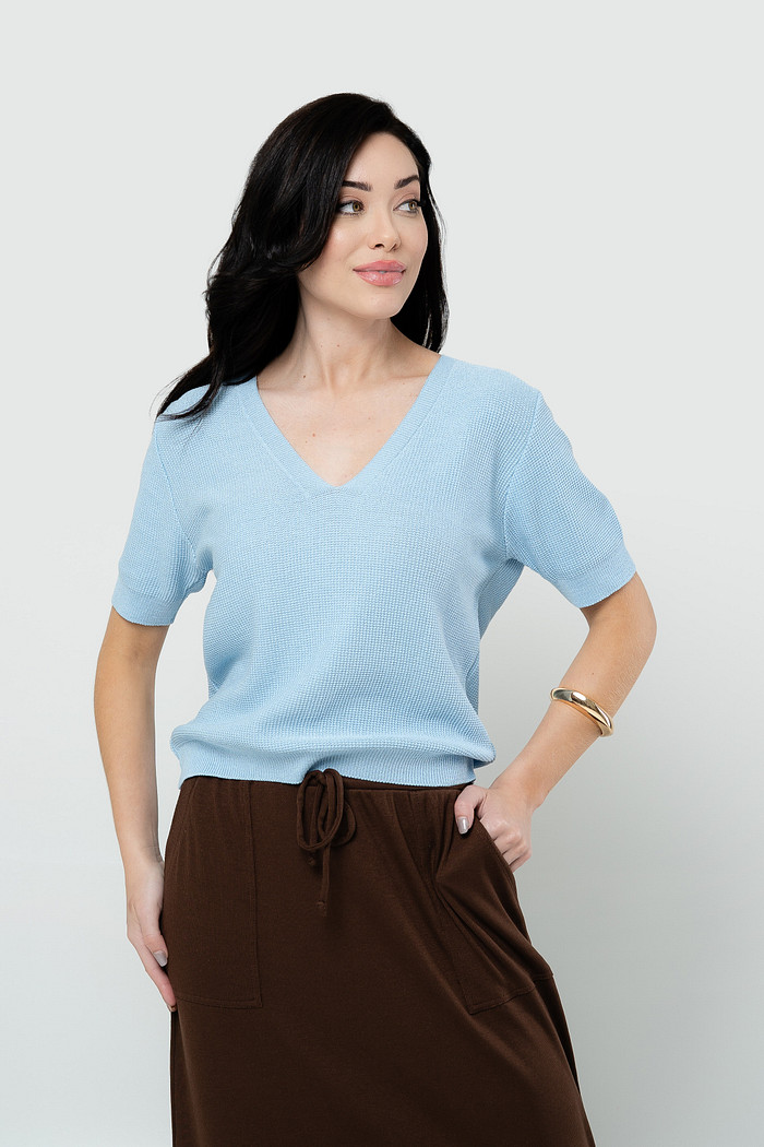 Blusa Tricot Gola V com Manga - Azul