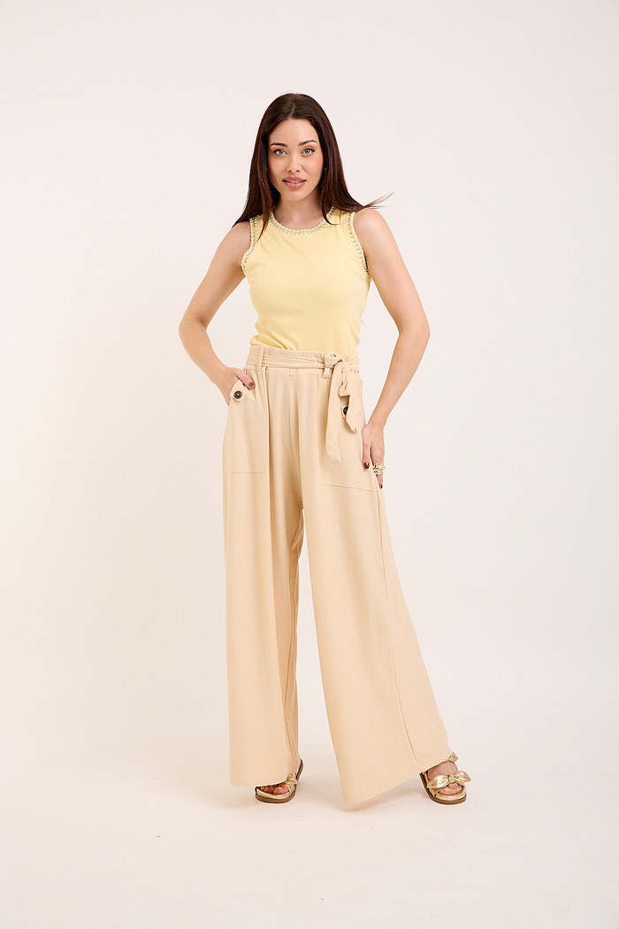 Calça Pantalona com Faixa - Bege