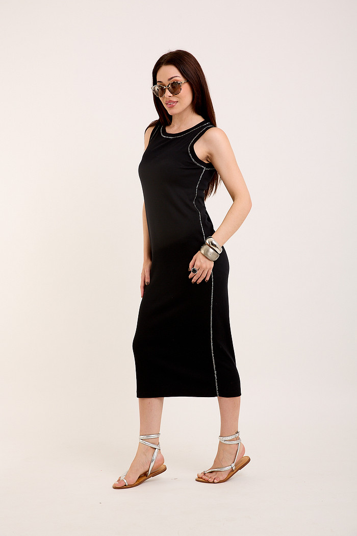 Vestido Midi Regata Canelado com Costura Prateada - Preto