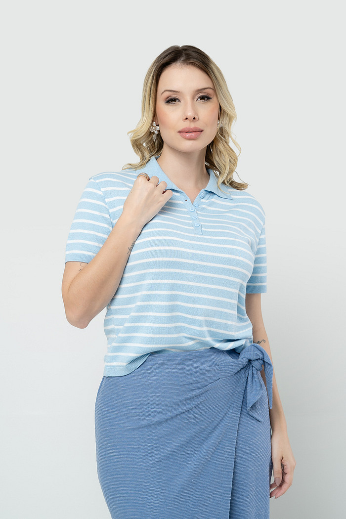 Blusa Polo Listra Tricot com Manga - Azul