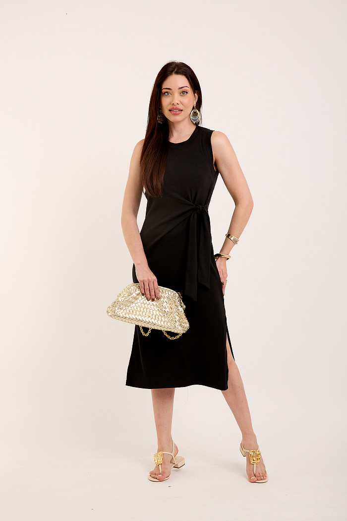 Vestido Midi Regata Canelado com Amarração - Preto