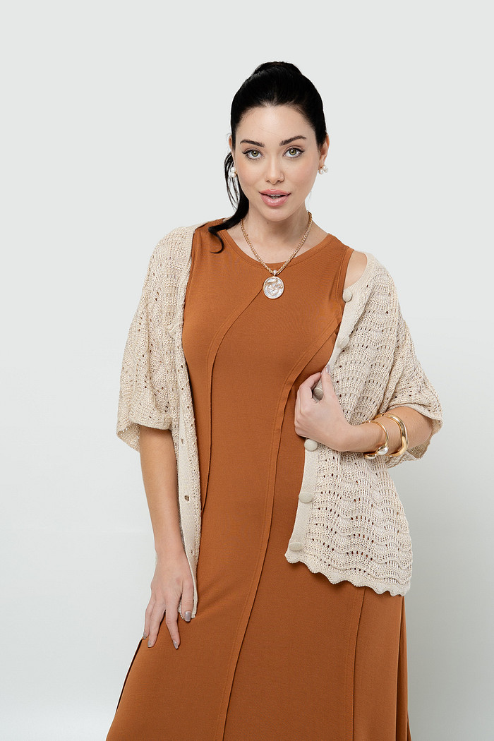 Kimono Tricot com Manga Bege