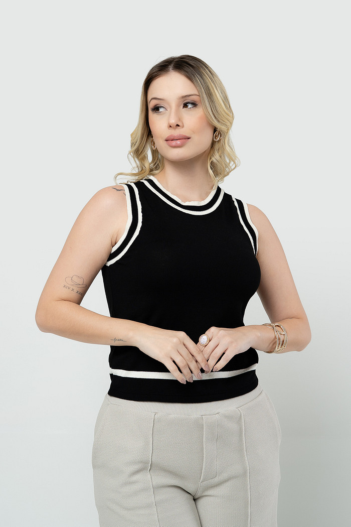 Blusa Regata Tricot Bicolor Preta