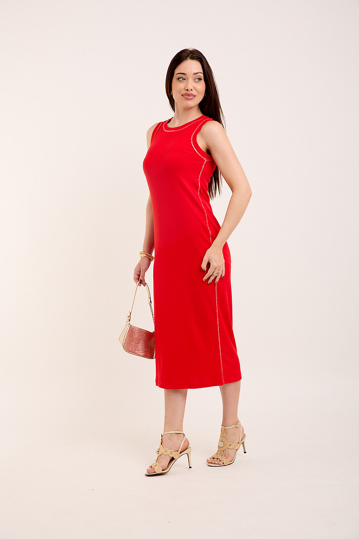 Vestido Midi Regata Canelado com Costura Prateada - Vermelho