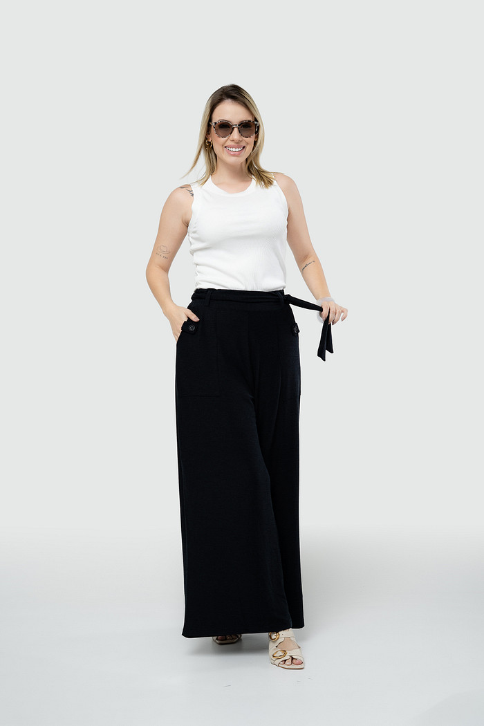 Calça Pantalona com Faixa - Preta