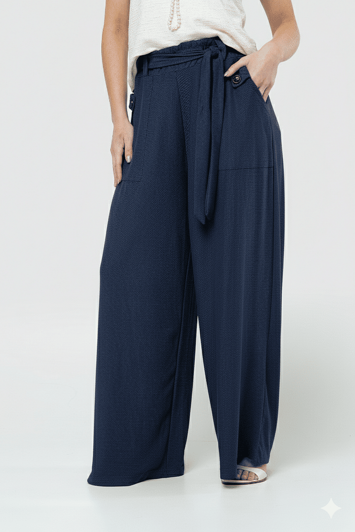Calça Pantalona com Faixa - Azul