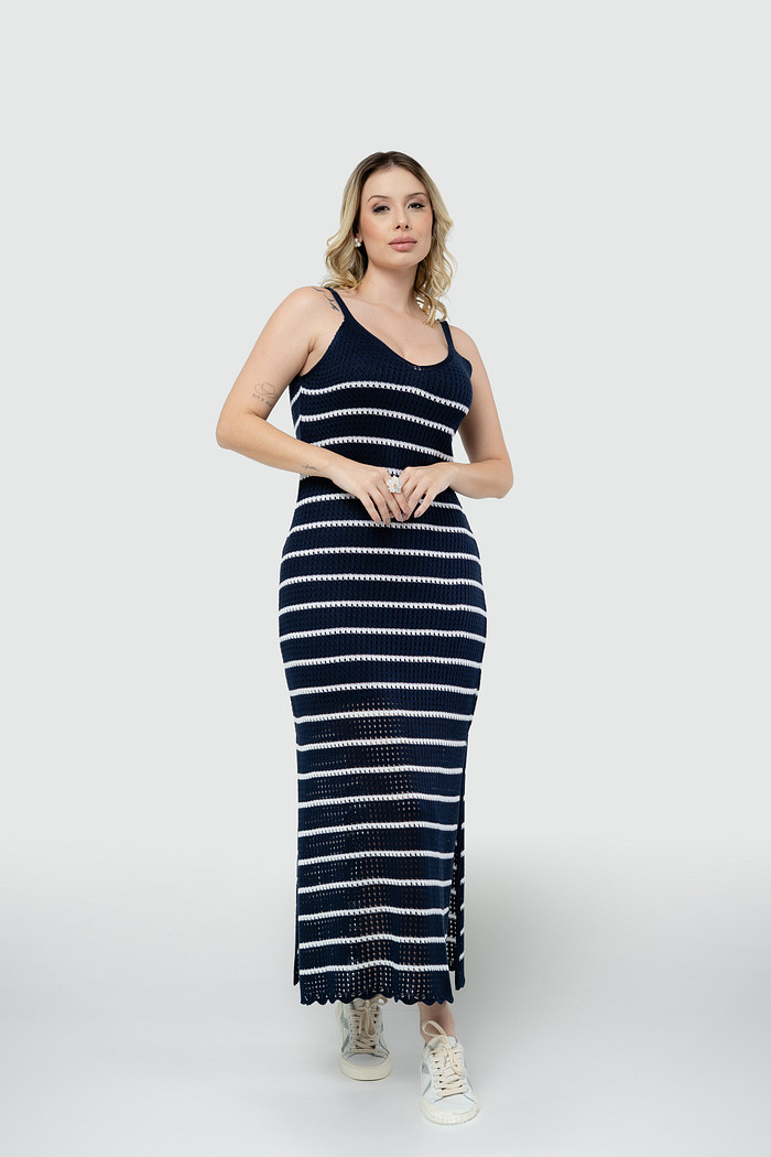 Vestido Midi de Alça Tricot - Azul Marinho