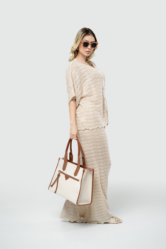 Conjunto com Blusa e Calça Tricot - Bege