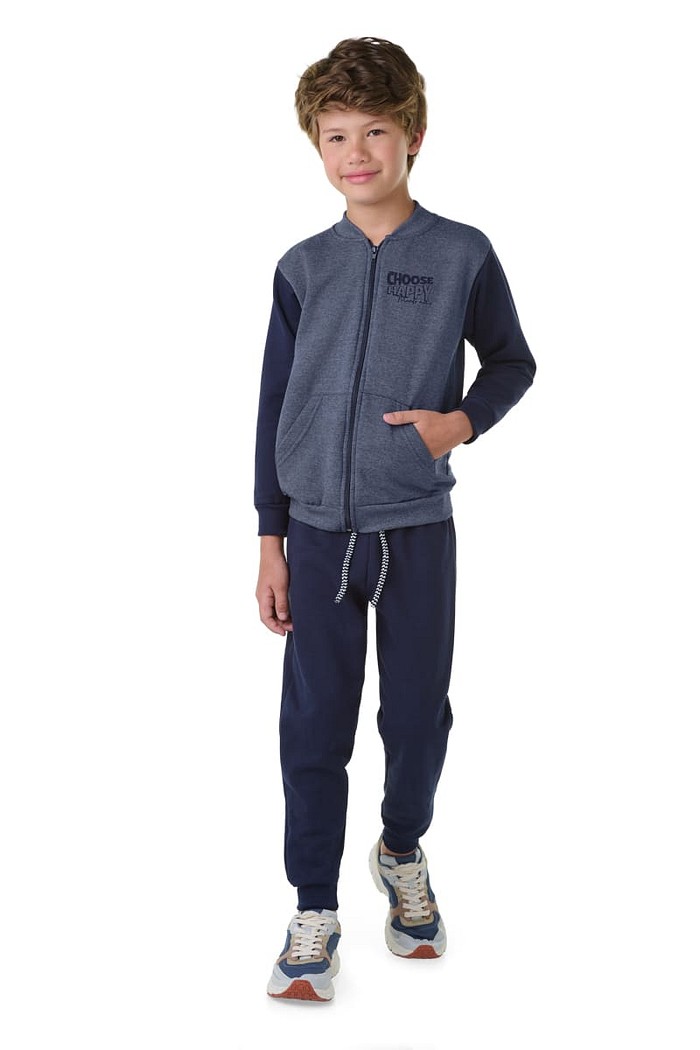 Conjunto Infantil com Jaqueta de Gola e Bolso Canguru  Calça com Punho