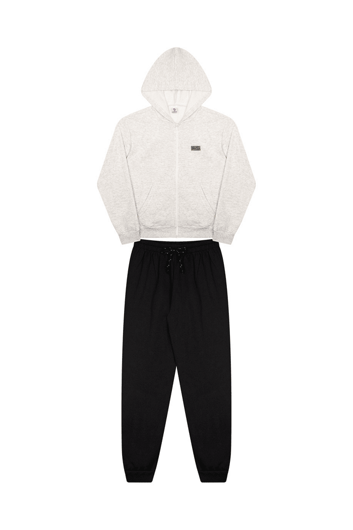 CJ.JUV MOL JAQUETA CROPPED C/ TERMO, CAPUZ E  BOLSO CANGURU E CALÇA C/ PUNHO E CORDÃO