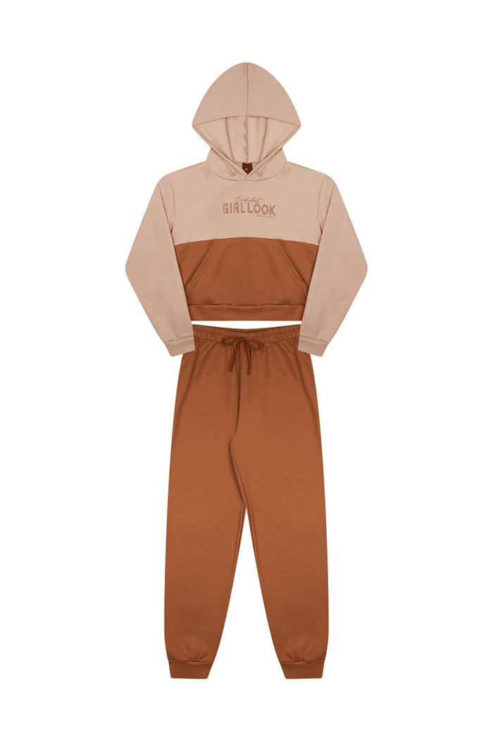 CJ.JUV MOL C/ CAPUZ, BOLSO CANG. RECORTE E CALÇA C/ PUNHO E CORDÃO