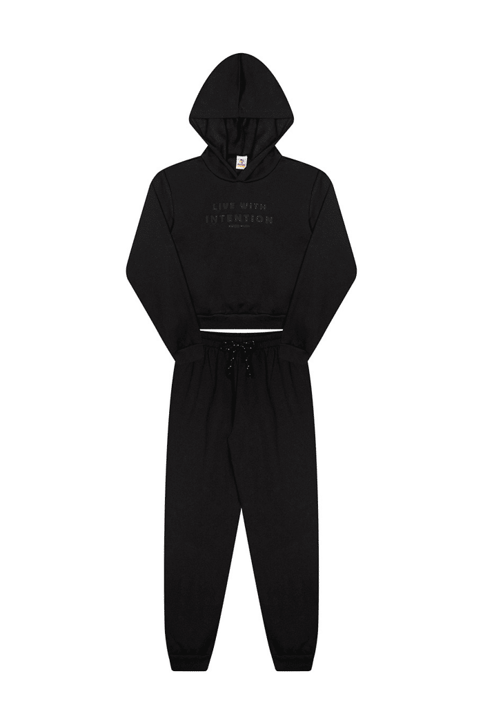 CJ.JUV MOLETOM C/ BLUSÃO CROPPED DE CAPUZ E CALÇA C/ PUNHO E CORDÃO