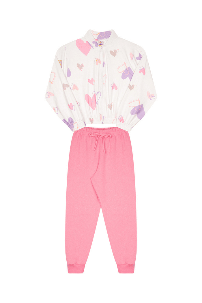 CJ.INF JAQUETA SUPLEX PELUC. ESTAMPADO DE GOLA E REF. E CALÇA C/ PUNHO E CORDÃO