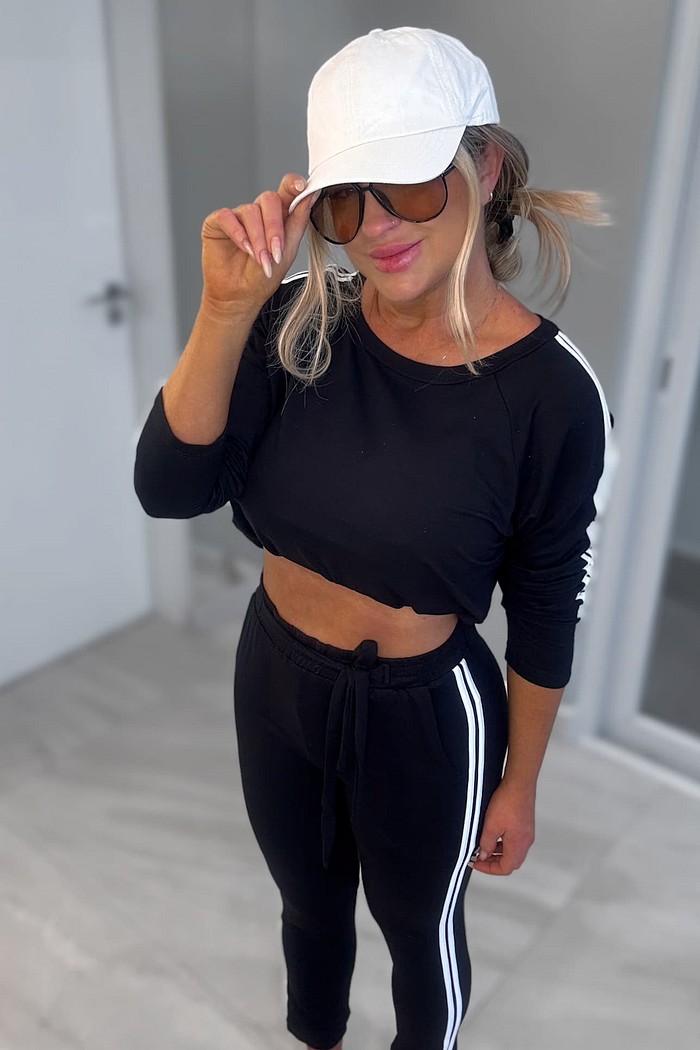 Conjunto moletinho blusa e calça com listras preto